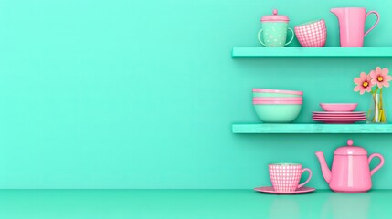 Pastel Pink and Mint Green Kitchenware on Shelves with Daisy Flowers for Vibrant Home Decor Concept