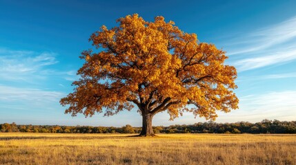 Large orange tree in a serene landscape under a clear blue sky.