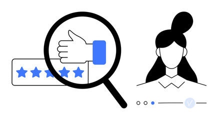 Magnifying glass over thumbs up and five-star rating beside a woman profile. Ideal for customer satisfaction, product reviews, user experience feedback collection, online ratings and brand