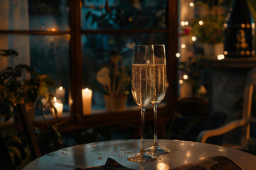 Two Glasses of Champagne to Celebrate the Countdown to New Year 2025 in a Festive, Romantic Atmosphere