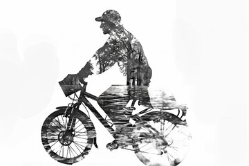 Obraz premium Cyclist Silhouette with Nature Reflection in Water Overlapping Double Exposure Image Concept