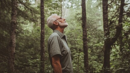 Man is standing in a forest, looking up at the sky. He is wearing glasses and a green shirt. Scene is peaceful and serene, as the man takes a moment to appreciate the beauty of nature