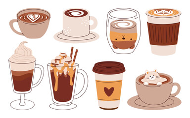 Set of cute Coffee Cups with Latte Art. Collection of coffee drinks with variety latte art heart, leaf, bear, cat, Flower. Cafe Bar or Coffee House Graphics. Vector Illustration, Icons. Isolated