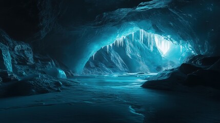 Mystical Ice Cave with Glowing Blue Light and Icicles - Stunning Winter Landscape Photography