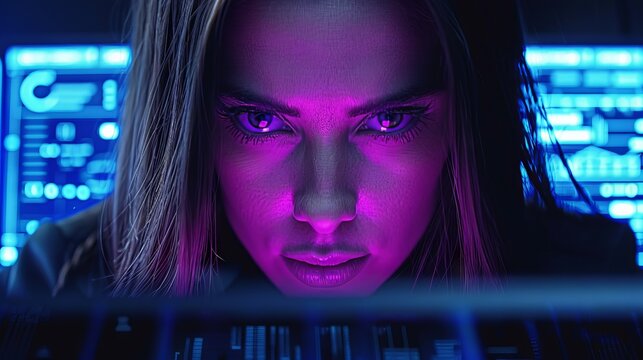 Focused woman with intense gaze in neon light, looking at computer screen, technology and cyber theme, digital environment concept