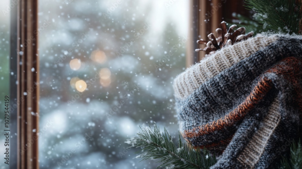 Poster a knitted scarf drapes over a pine branch, accented by a pinecone, while snow falls gently outside t