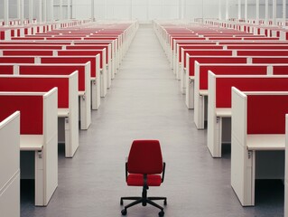 Office space with red chairs and desks modern workplace interior design minimalist environment wide-angle view corporate concept for enhanced productivity