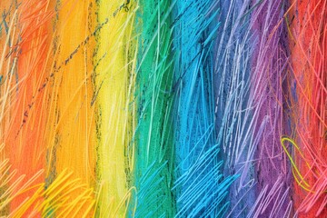 Fototapeta premium Colorful drawing of a rainbow with many different colors. The drawing is made up of many different colored pencils, and it looks like it was made by a child. The drawing has a playful