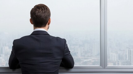 Fototapeta premium Observing urban landscapes a businessman contemplates future success from high-rise office cityscape professional environment thoughtful perspective