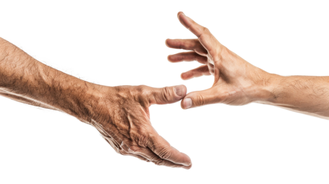 A helping hand with arm raised and reach out with palm up and finger spread on white transparent background