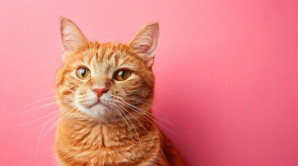 Obraz premium Orange tabby cat gazing into distance, pink background, closeup of feline face with whiskers and bright eyes, domestic pet portrait, feline photography concept
