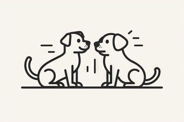 Adorable cartoon dogs illustration, simple outline style, two puppies sitting facing each other, minimalistic vector art, cute animal design concept