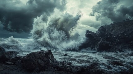 Fototapeta premium Dramatic Ocean Wave Crashing Against Rocky Coastline Under Dark Stormy Sky.