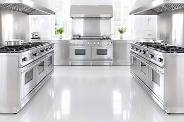 Contemporary clean stainless steel commercial kitchen with equipment and bright lighting, professional cooking environment concept