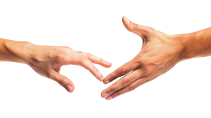 A helping hand with arm raised and reach out with palm up and finger spread on white transparent background
