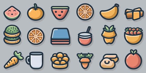 Colorful collection of cartoon fruits vegetables icons with various shapes and styles for design projects food theme concept