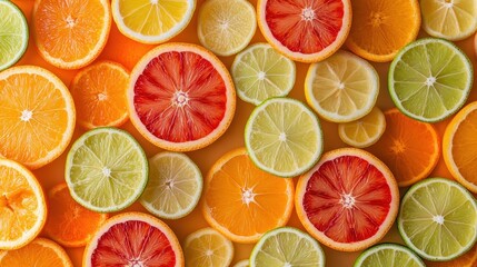 Fresh Sliced Citrus Fruits - Oranges, Grapefruits, Lemons & Limes - Top View