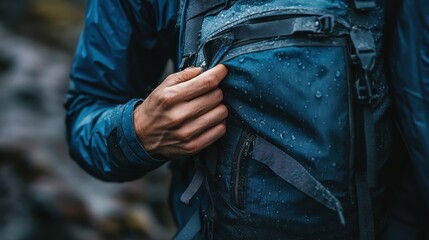 Fototapeta premium Closeup of a Hand Adjusting a Blue Waterproof Backpack with Water Droplets.