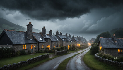 Evening Village View Under Stormy Clouds with Glowing Cottages and Misty Pathways