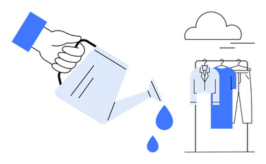 Hand holding a watering can pouring water drops near hanging clothes on a rack and a cloud. Ideal for sustainability, growth, creativity, productivity, innovation, environmental care, lifestyle. Line