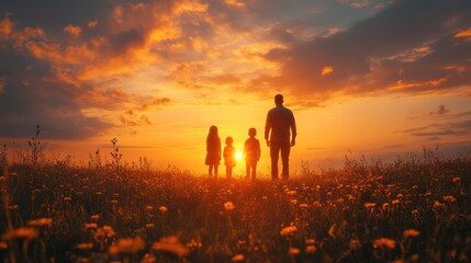 Fototapeta premium A family of four silhouetted against a vibrant sunset, standing in a field of wildflowers.