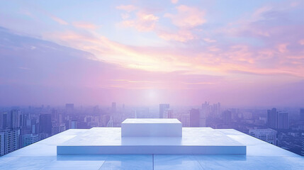 3D Rendering of building deck in city surrounding with many skyscraper towers. For business technology product background, wallpaper