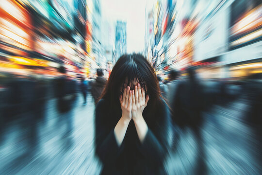 Stressed Woman Covering Face in Busy Urban Street Surrounded by Blurred Crowd and Bright City Lights