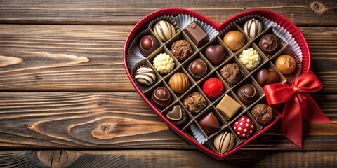 Fototapeta premium Valentine's Day themed chocolate box filled with assorted chocolates, Valentine's Day, love, romance, sweets, treats, gift