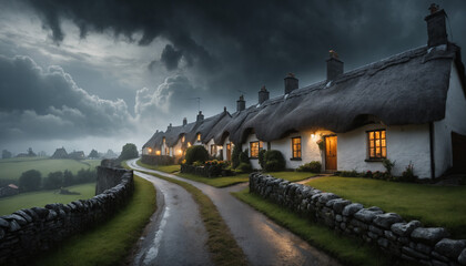 Evening Village View Under Stormy Clouds with Glowing Cottages and Misty Pathways