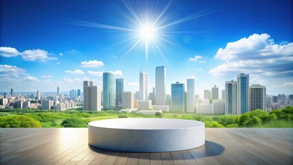 Cityscape with a summer sun, blue sky, and a product presentation podium, cityscape, summer, sun, blue sky