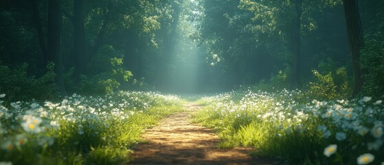 Obraz premium Tranquil summer forest path, vibrant greenery, blooming wildflowers, peaceful atmosphere, inviting nature scene
