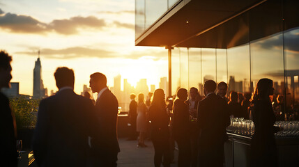 Group of Professionals Networking on a Rooftop Terrace at Sunset with Stunning City Skyline Views