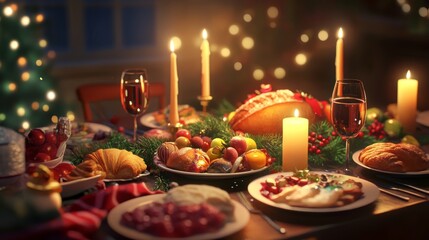 Christmas dinner table with festive food, and beautiful candle lights, photorealistic style.
