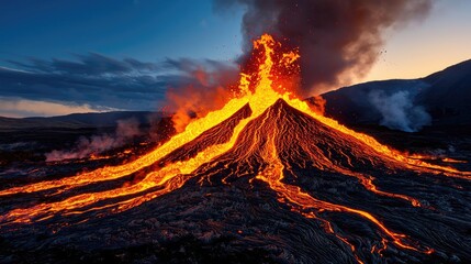 Volcano erupting with flowing lava and smoke against a twilight sky.