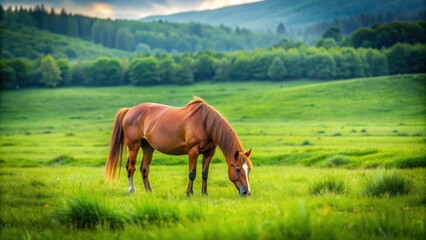 Obraz premium Horse grazing in a lush green field, horse, field, grass, animal, nature, countryside, pasture, outdoor, farm, equine