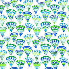 Coastal geo vector repeat pattern with tonal bright blue and green hand drawn scallops on white. Elegant abstract coastal, interior decor background