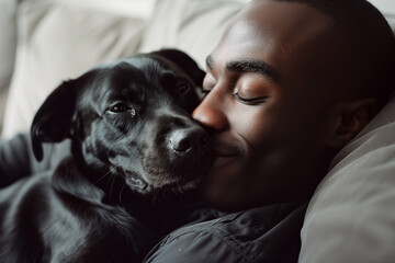 Happy african man cuddling his black dog at home on the sofa, National pet day. Working remotely