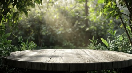 Fototapeta premium Wooden Tabletop in a Lush Green Garden with Sunlight Through Leaves.