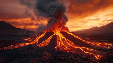 Erupting volcano against a dramatic sunset sky, showcasing fiery lava and smoke.
