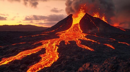 Active volcano erupting with flowing lava at sunset, dramatic landscape scene.