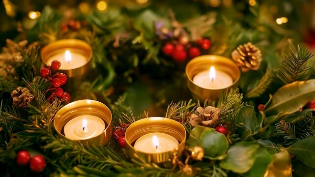 advent wreath with four burning candles