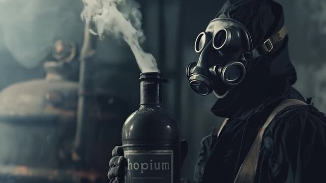 person in mask holdng a bottle of smoking hopium represent false hope