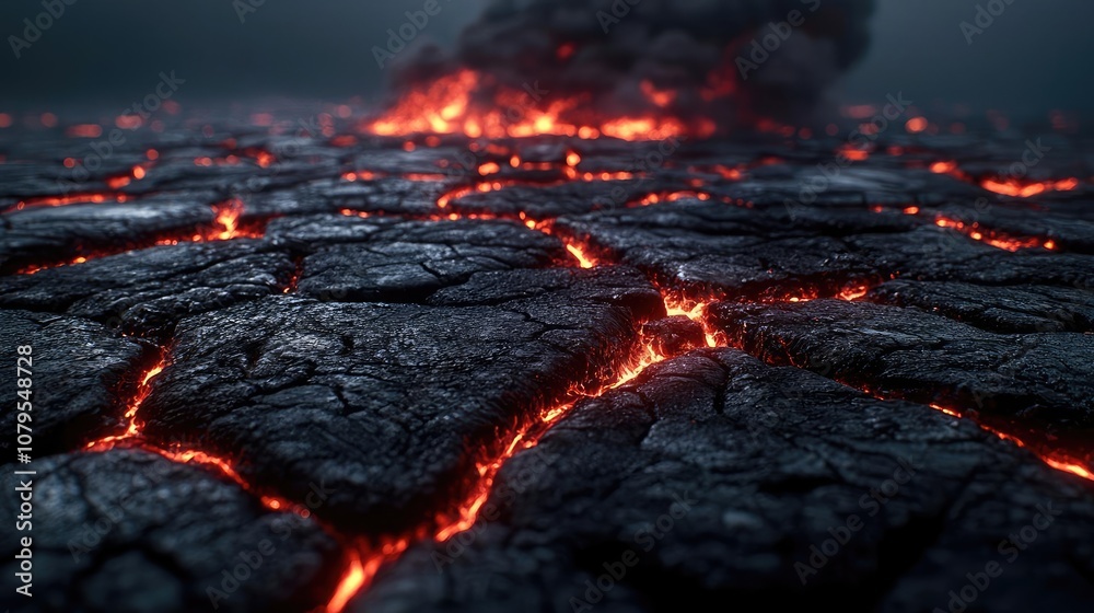 Wall mural Close-up of glowing lava cracks on volcanic ground, dark and smoky atmosphere.