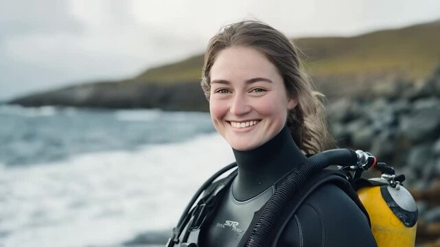 scuba diver standing on the beach and smile for a photo