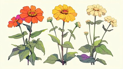 Colorful Zinnia Flowers with Green Leaves on a White Background