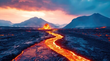 Volcanic eruption with flowing lava under a dramatic sunset sky.