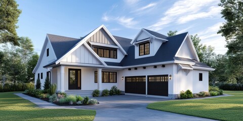 Fototapeta premium Stunning new home exterior design featuring two car garage residential area high-quality image lush green environment front view modern aesthetic appeal