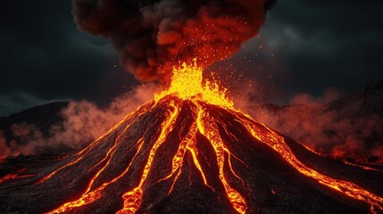 Erupting volcano with lava and ash against a stormy sky, dramatic natural phenomenon.