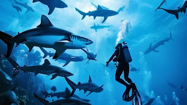 scuba drver with sharks arround