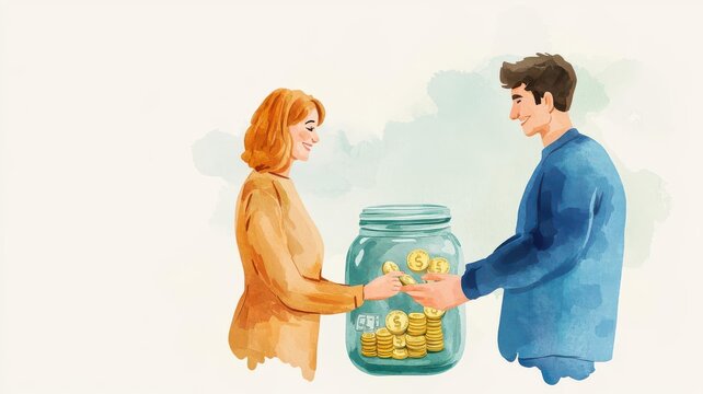 Financial literacy, Retirement planning savings illustration flat design side view couple adding funds to a retirement jar watercolor calm tones